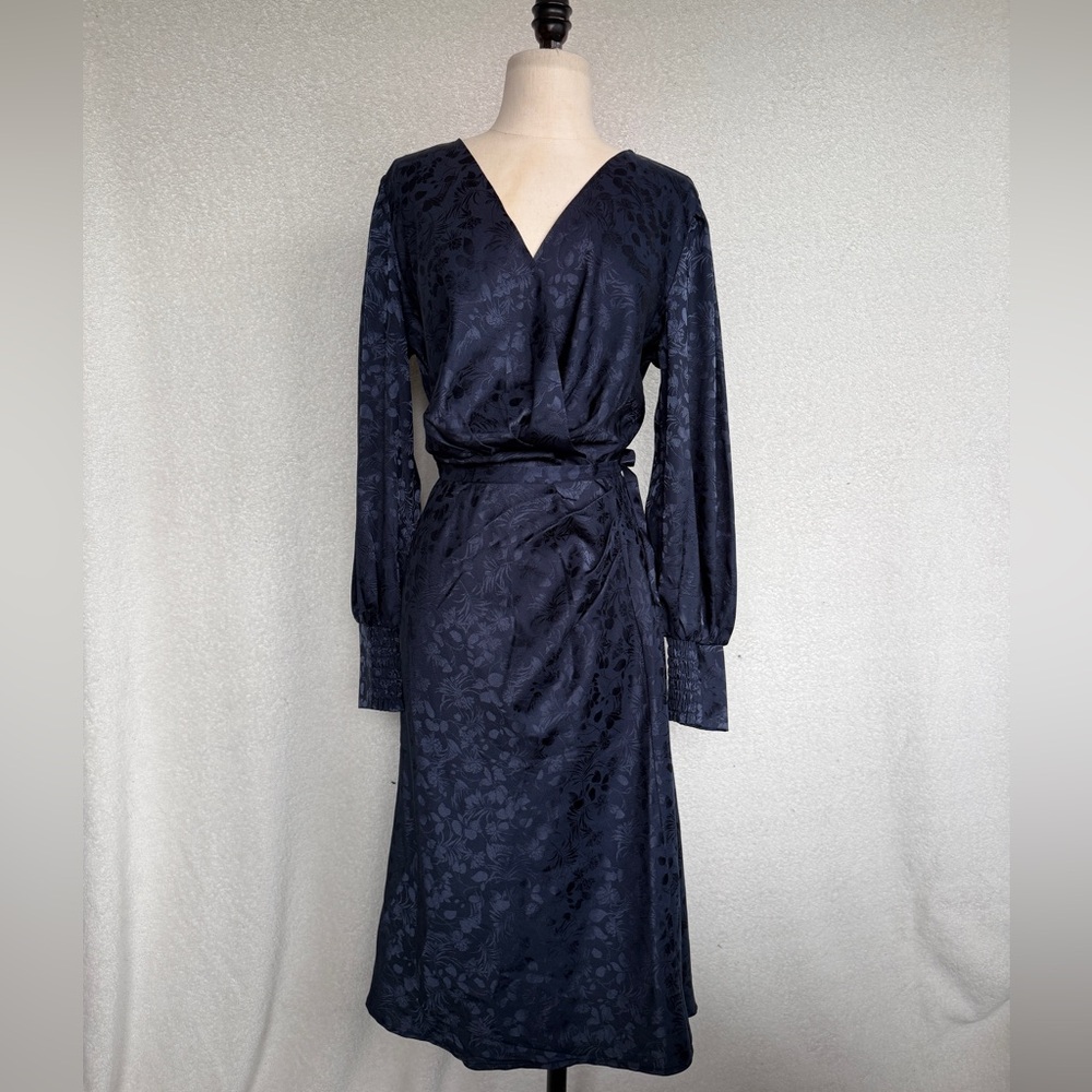 Chenault Navy Floral Jacquard V-Neck Wrap Dress
